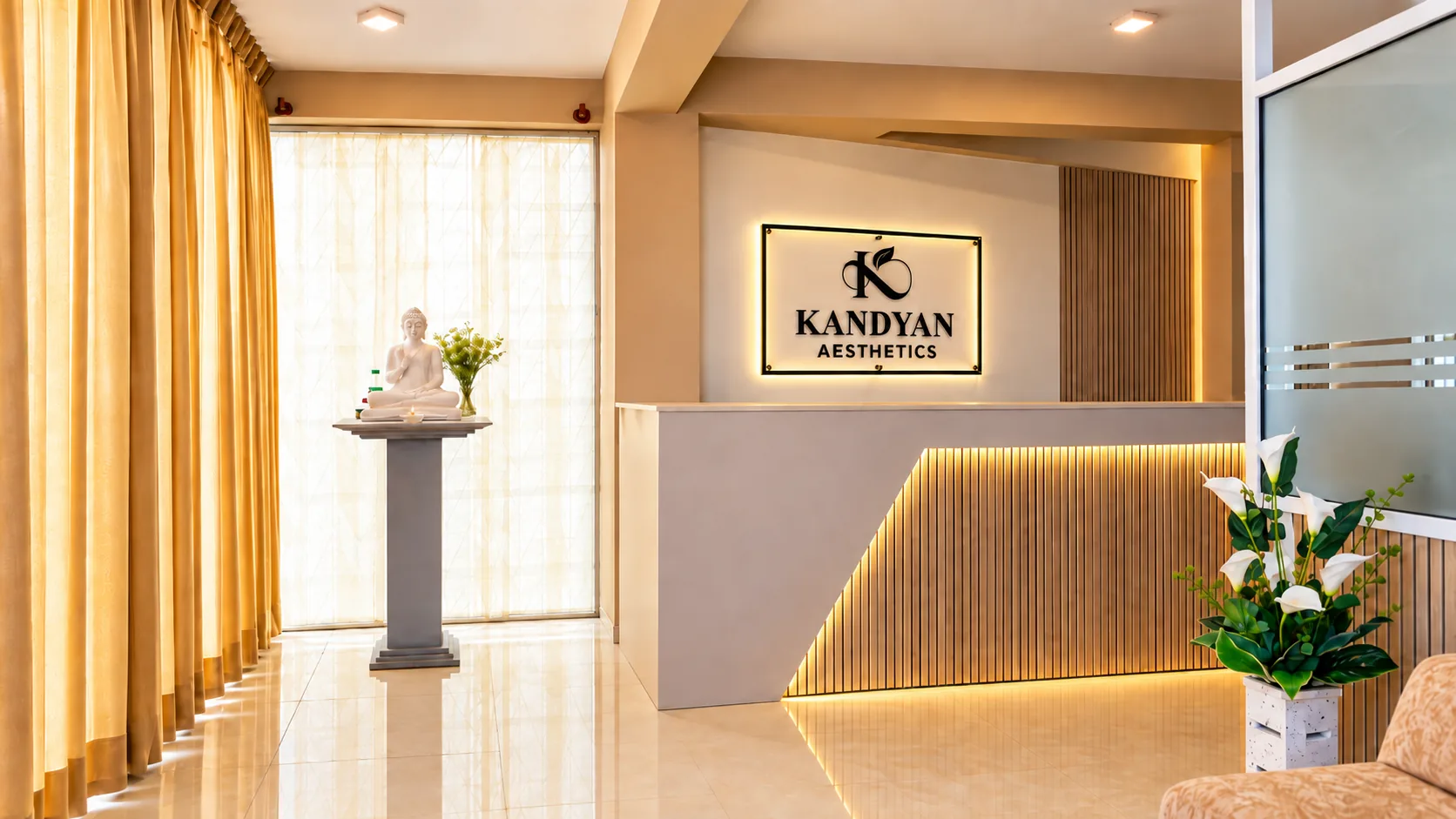 Kandyan Aesthetics Kadawatha reception with illuminated brand signage and Buddha statue