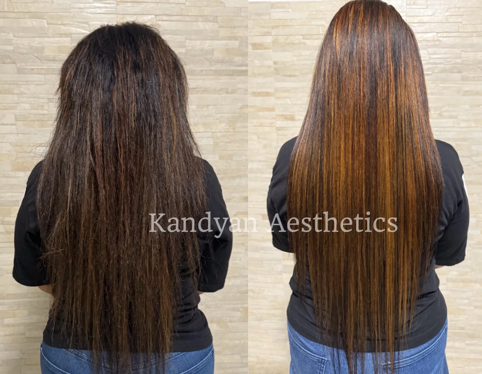 Before and after results of a keratin hair smoothing treatment at Kandyan Aesthetics