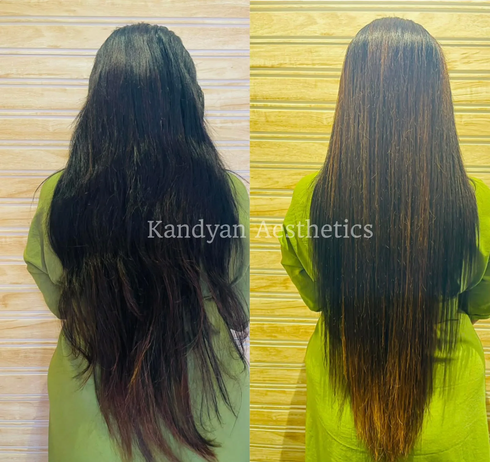Before and after results of a keratin hair smoothing treatment at Kandyan Aesthetics