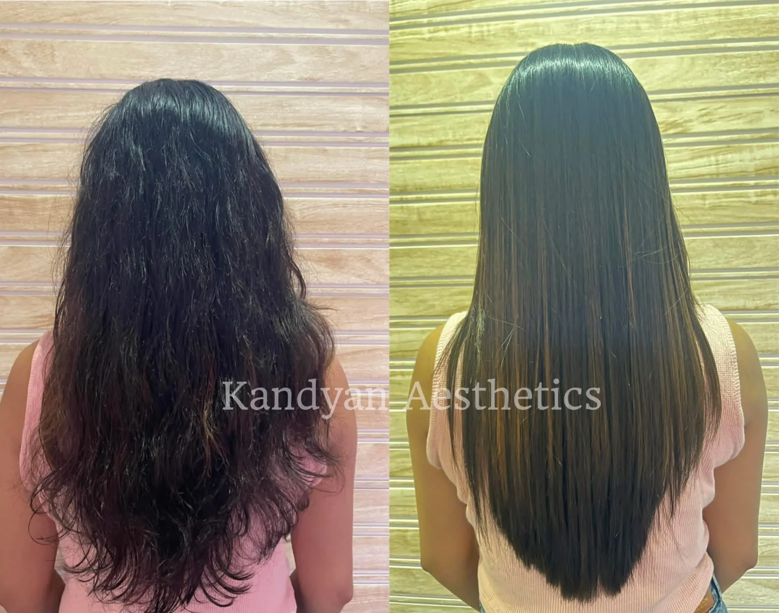 Before and after results of a keratin hair smoothing treatment at Kandyan Aesthetics